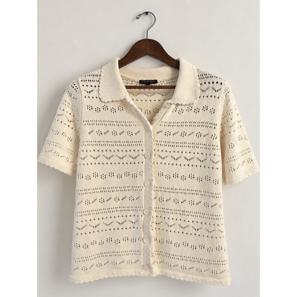 Skies Are Blue Women L Cotton Crochet Cardigan Ivory White Short Slv Cottagecore